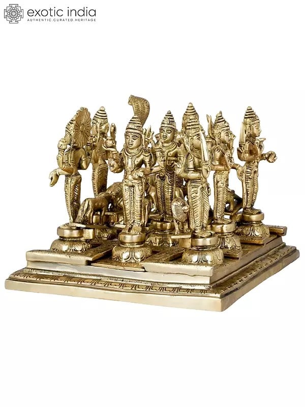 Exotic India 7" Navagraha Deities With Their Respective Vahanas In Brass | Handmade | Made In India 