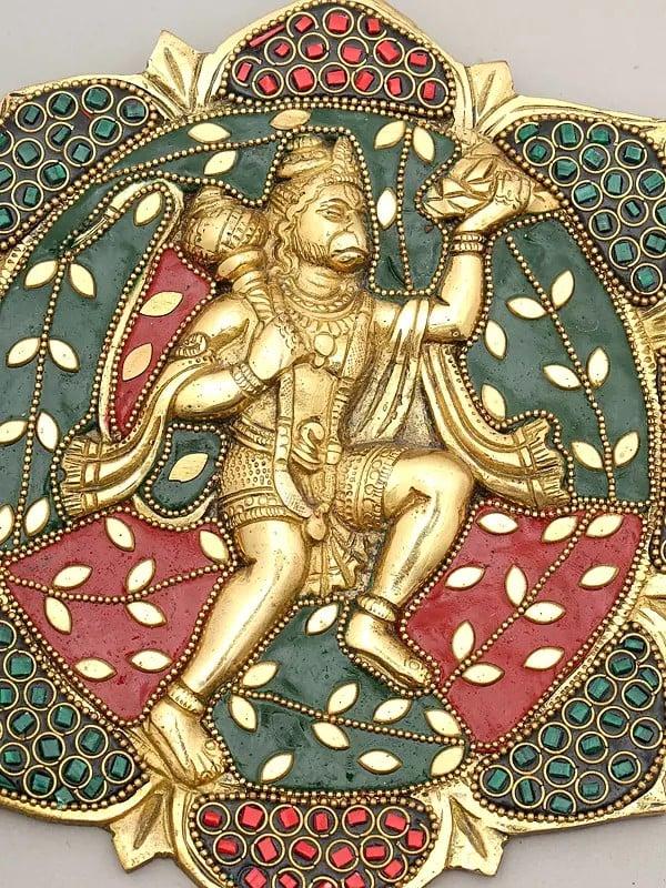 Exotic India 7" Sanjivani Hanuman | Wall Hanging | Brass Statue With Inlay Work 