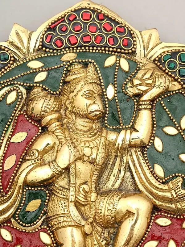 Exotic India 7" Sanjivani Hanuman | Wall Hanging | Brass Statue With Inlay Work 