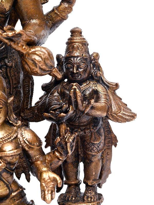 Exotic India 7" Standing Lord Vishnu With Devi Lakshmi Gaurda And Narada Muni | Copper Statue 