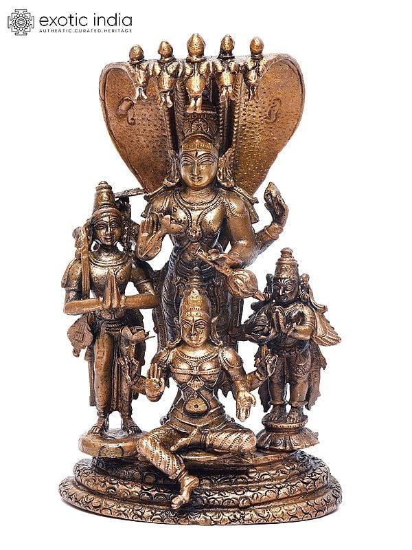 exotic india 7" Standing Lord Vishnu with Devi Lakshmi Gaurda and Narada Muni | Copper Statue 