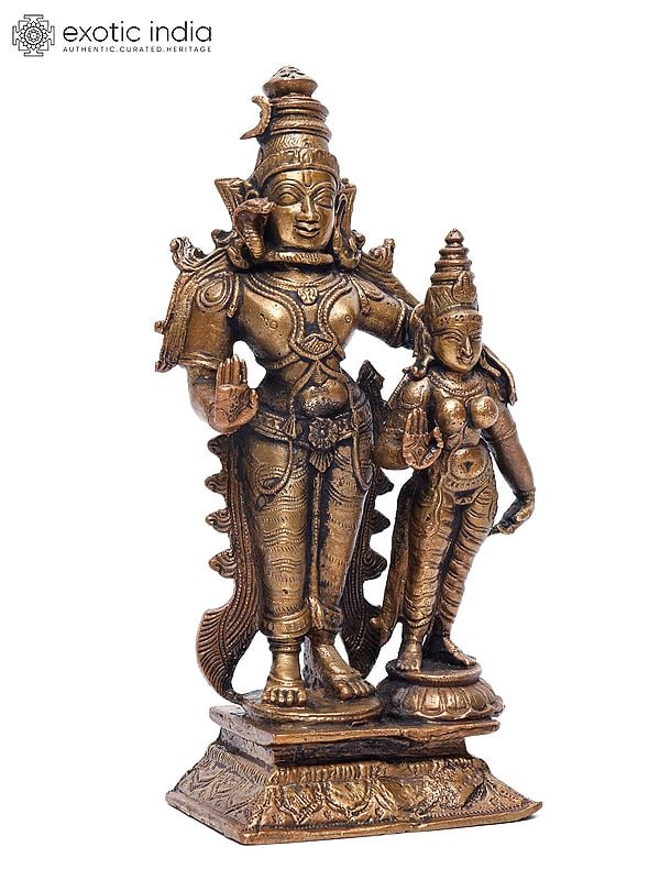 Exotic India 7" Standing Shiva-Parvati In Blessing Gesture | Copper Statue 