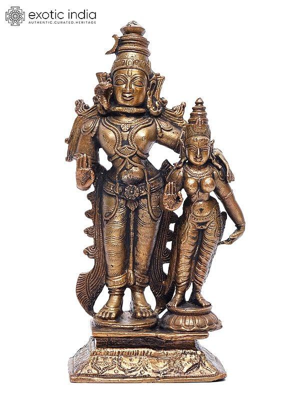 exotic india 7" Standing Shiva-Parvati in Blessing Gesture | Copper Statue 