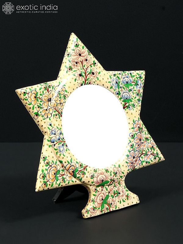 Exotic India 7" Star Shaped Hand Painted Wood Based Papier Mache Mirror With Stand | From Kashmir 