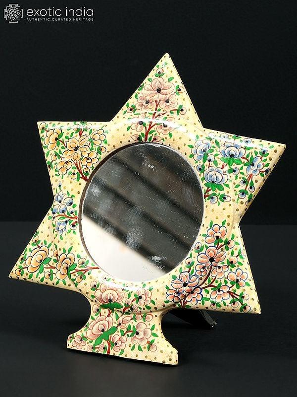 Exotic India 7" Star Shaped Hand Painted Wood Based Papier Mache Mirror With Stand | From Kashmir 
