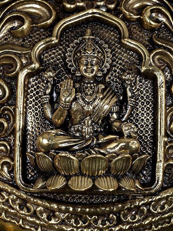 Exotic India 7" Superfine Divine Cow And Calf With Lakshmi Ganesha Engraving | Brass Statue 
