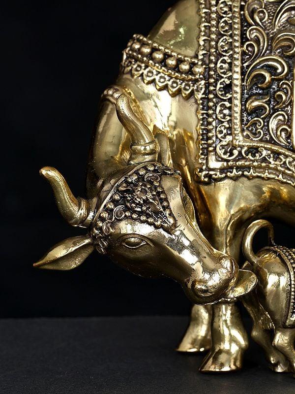 Exotic India 7" Superfine Divine Cow And Calf With Lakshmi Ganesha Engraving | Brass Statue 