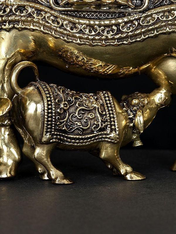Exotic India 7" Superfine Divine Cow And Calf With Lakshmi Ganesha Engraving | Brass Statue 