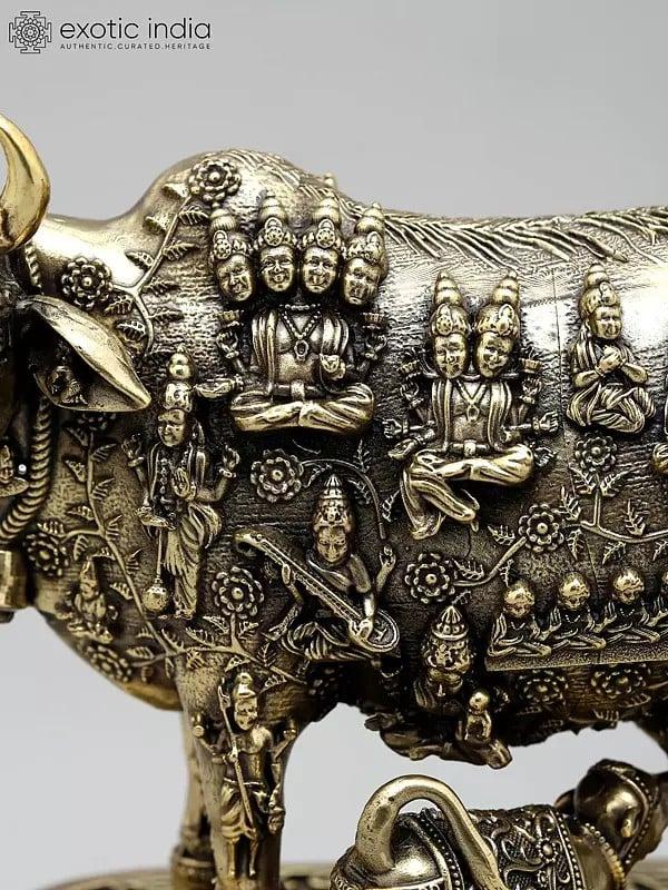 Exotic India 7" Superfine Kamadhenu Cow With All Gods And Goddesses | Brass Statue 