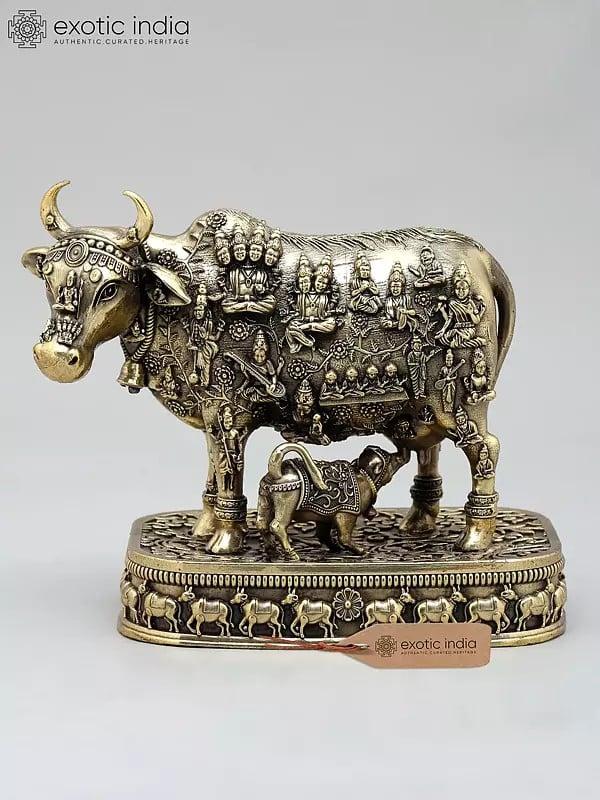 exotic india 7" Superfine Kamadhenu Cow with All Gods and Goddesses | Brass Statue 