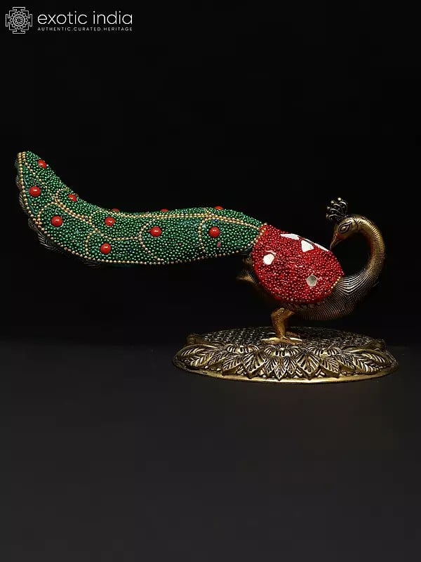 Exotic India 7" Superfine Pair Of Beautiful Peacock Figurines | Brass Statues | Table Decor 