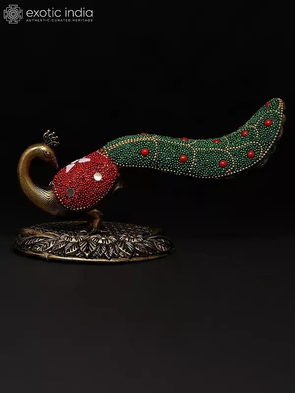 Exotic India 7" Superfine Pair Of Beautiful Peacock Figurines | Brass Statues | Table Decor 