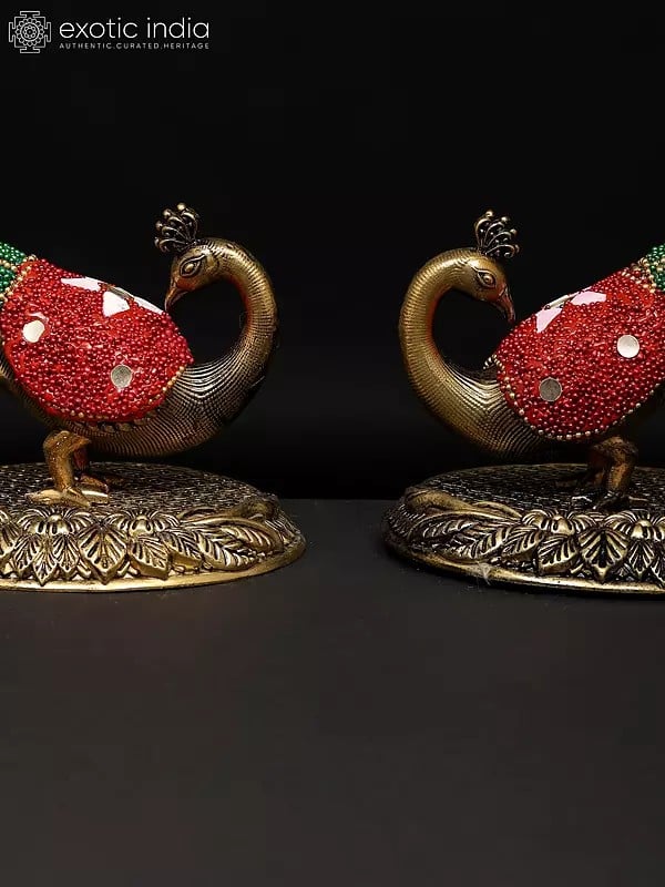 Exotic India 7" Superfine Pair Of Beautiful Peacock Figurines | Brass Statues | Table Decor 