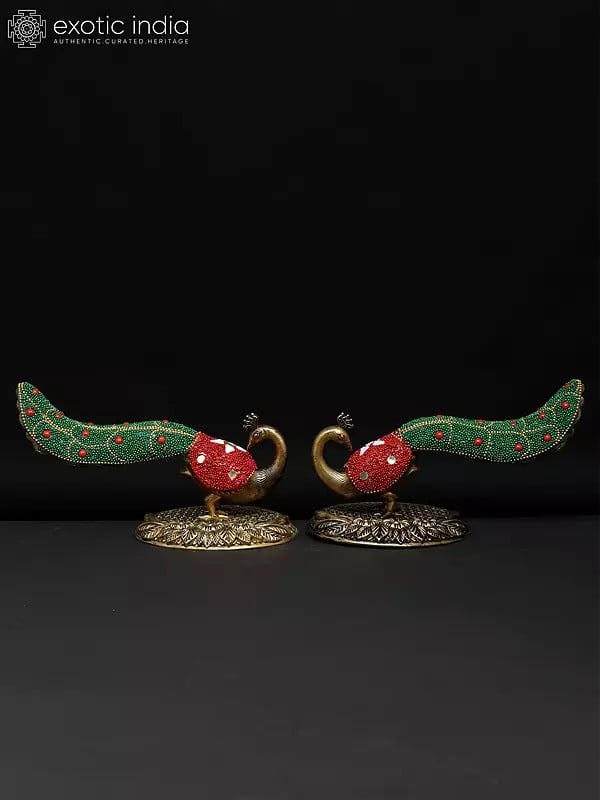 exotic india 7" Superfine Pair of Beautiful Peacock Figurines | Brass Statues | Table Decor 
