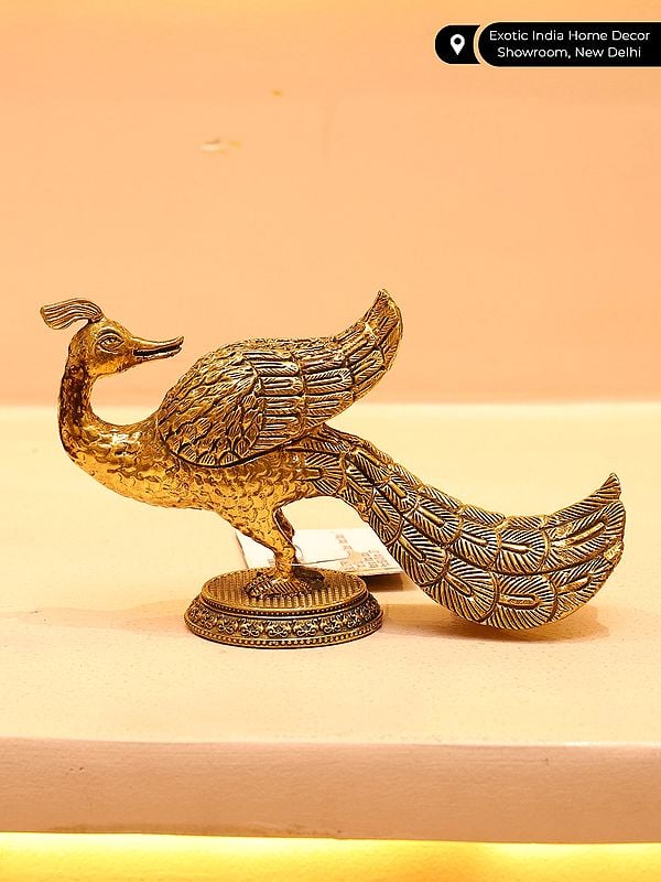 Exotic India 7" Superfine Peacock Statue | Brass Statue | Table Decor 