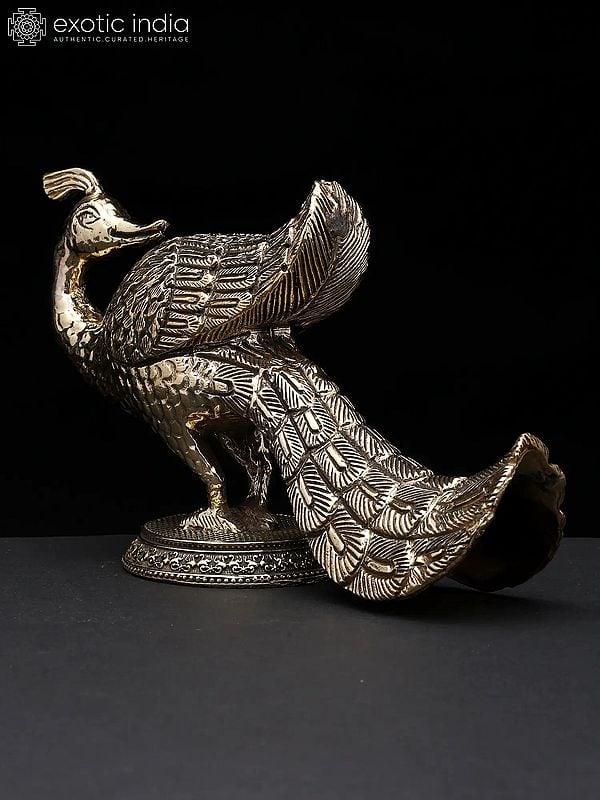 Exotic India 7" Superfine Peacock Statue | Brass Statue | Table Decor 
