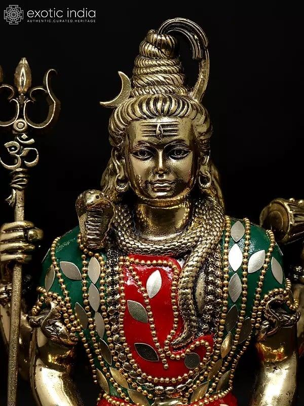 Exotic India 7" Superfine Sitting Four Armed Lord Shiva | Brass Statue With Inlay Work 