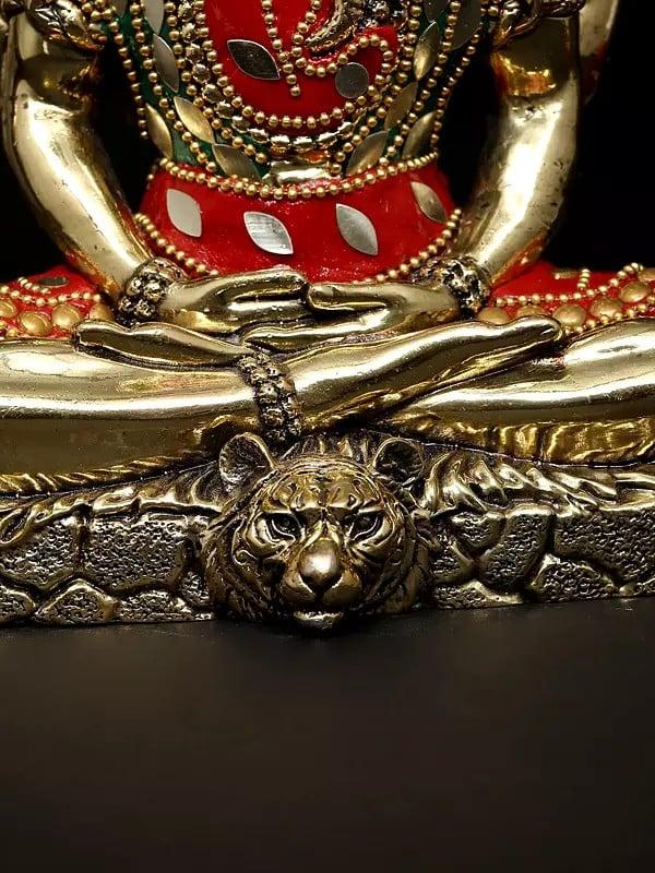 Exotic India 7" Superfine Sitting Four Armed Lord Shiva | Brass Statue With Inlay Work 
