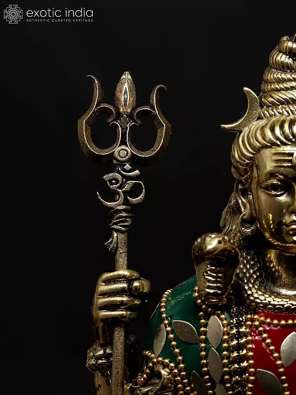 Exotic India 7" Superfine Sitting Four Armed Lord Shiva | Brass Statue With Inlay Work 