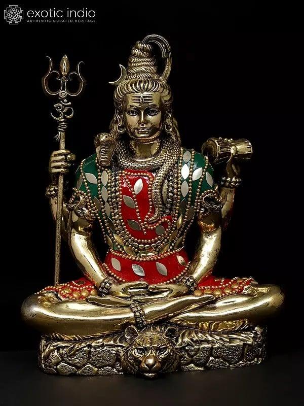 exotic india 7" Superfine Sitting Four Armed Lord Shiva | Brass Statue with Inlay Work 