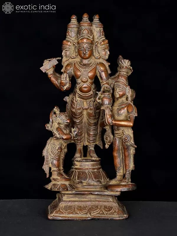 exotic india 7" Tridev with Narada and Hanuman | Copper Statue 