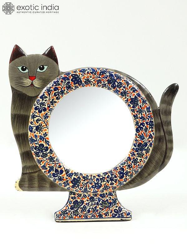 Exotic India 7" Wood Based Papier Mache Cat Design Mirror With Stand | Hand-Painted | From Kashmir 