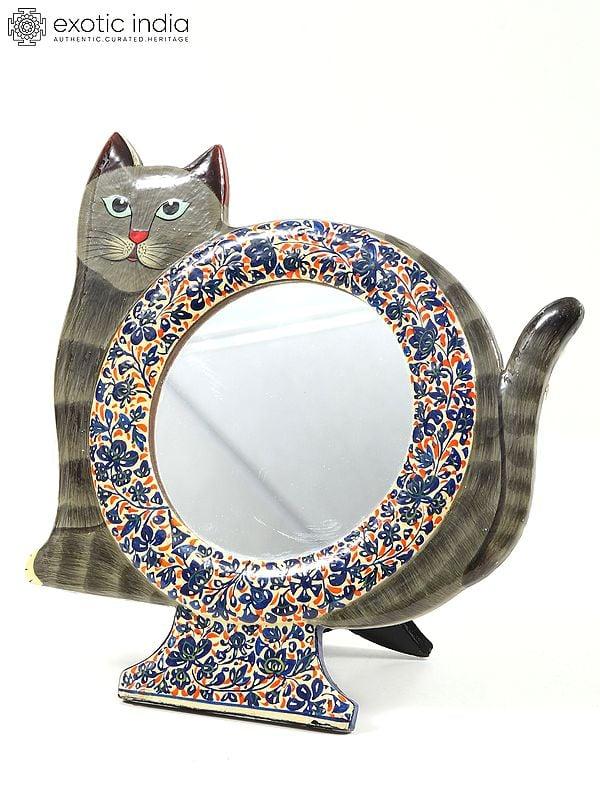 Exotic India 7" Wood Based Papier Mache Cat Design Mirror With Stand | Hand-Painted | From Kashmir 