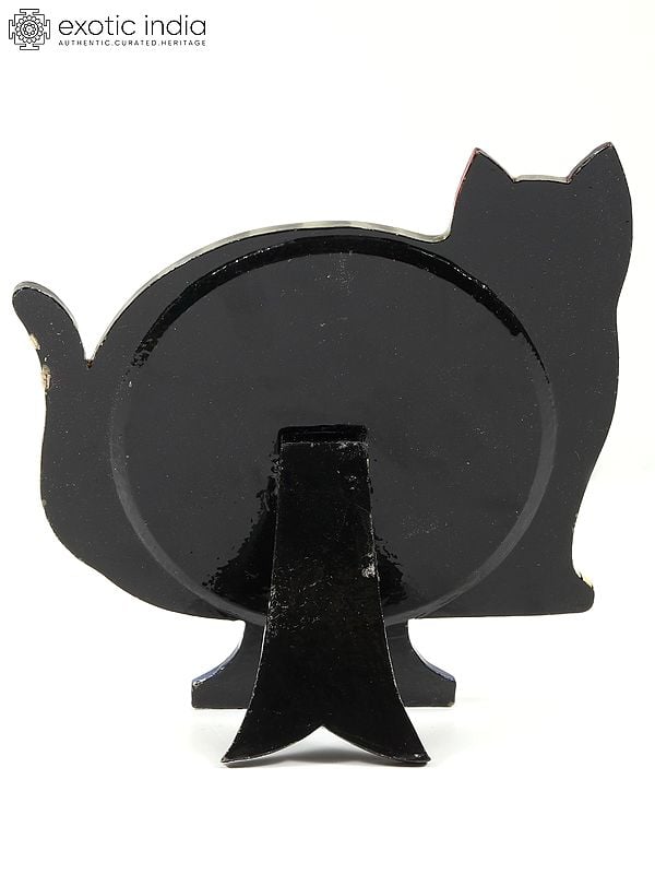 Exotic India 7" Wood Based Papier Mache Cat Design Mirror With Stand | Hand-Painted | From Kashmir 