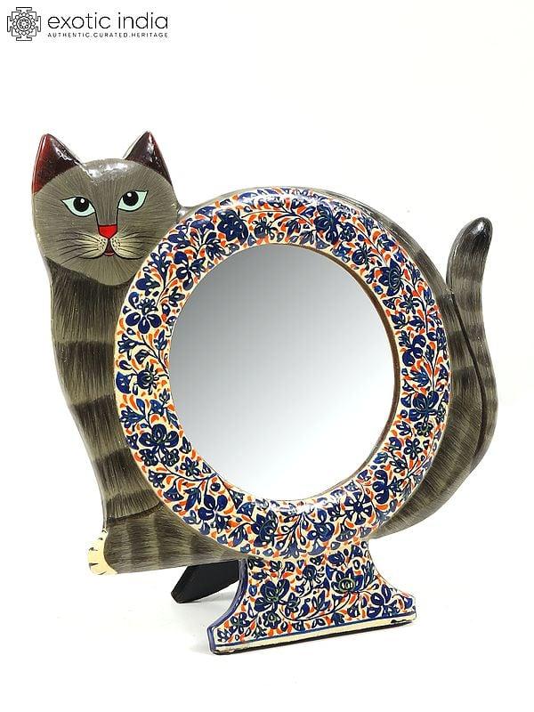 exotic india 7" Wood Based Papier Mache Cat Design Mirror with Stand | Hand-Painted | From Kashmir 