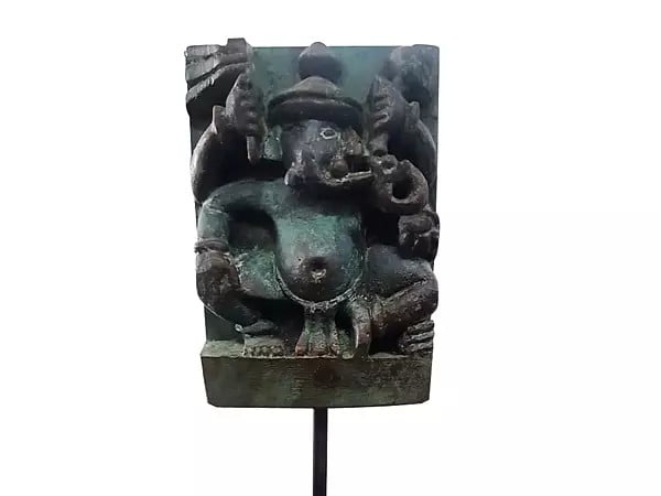 Exotic India 7” Wood Carving Lord Ganesha Sculpture On Iron Stand 