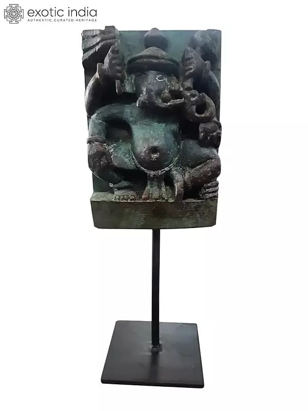 exotic india 7” Wood Carving Lord Ganesha Sculpture on Iron Stand 