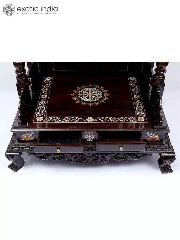 Exotic India 70" Designer Huge Temple In Wood With Lord Ganesha Inlay 