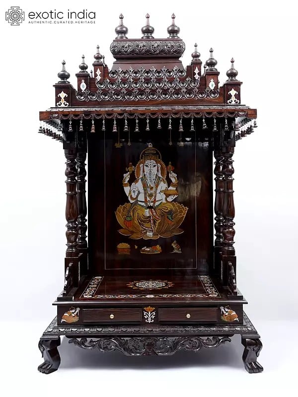exotic india 70" Designer Huge Temple in Wood with Lord Ganesha Inlay 