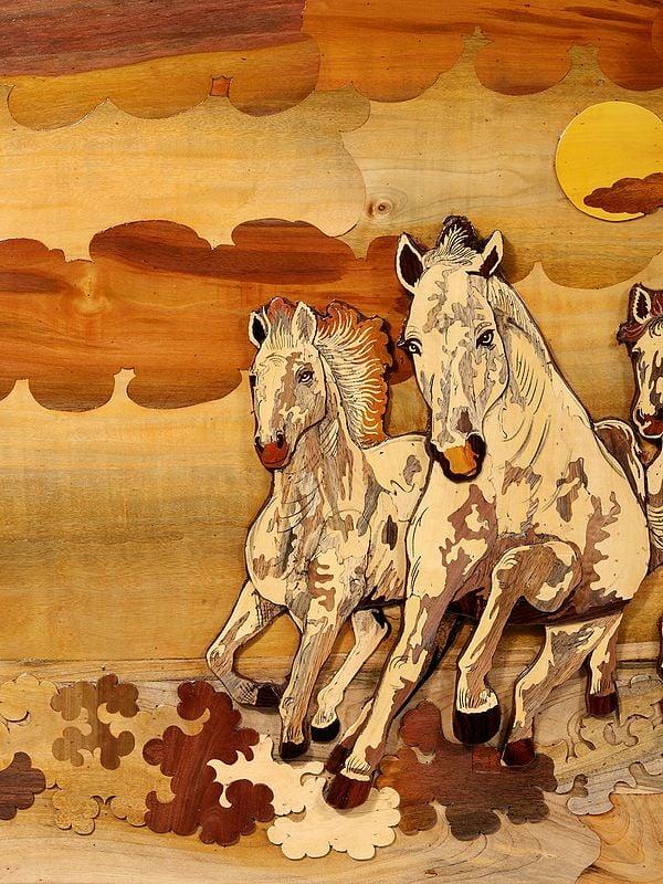 Exotic India 72" 3D Seven Vastu Horses | Natural Color On Wood Panel With Inlay Work 
