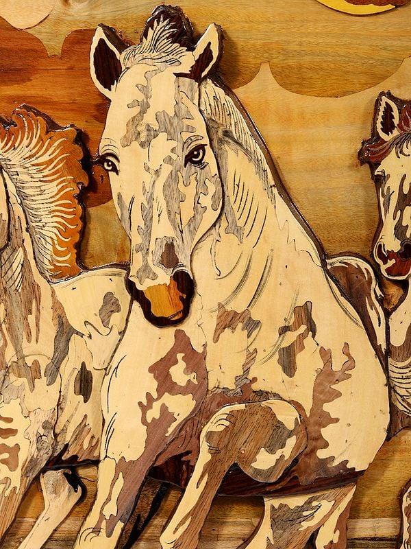 Exotic India 72" 3D Seven Vastu Horses | Natural Color On Wood Panel With Inlay Work 