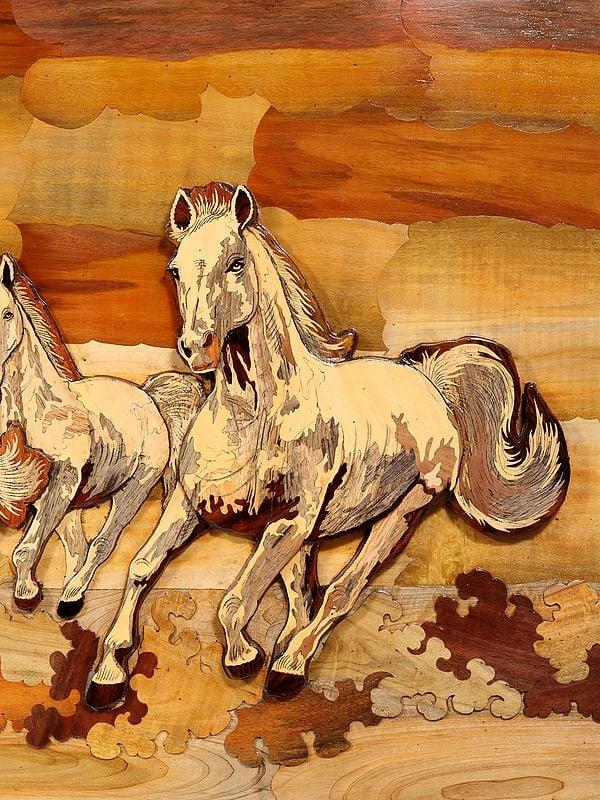 Exotic India 72" 3D Seven Vastu Horses | Natural Color On Wood Panel With Inlay Work 