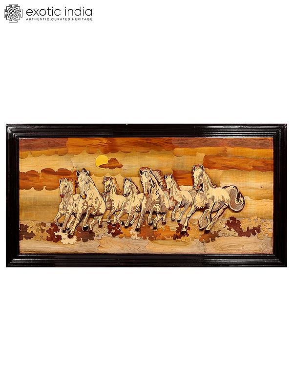 exotic india 72" 3D Seven Vastu Horses | Natural Color On Wood Panel With Inlay Work 