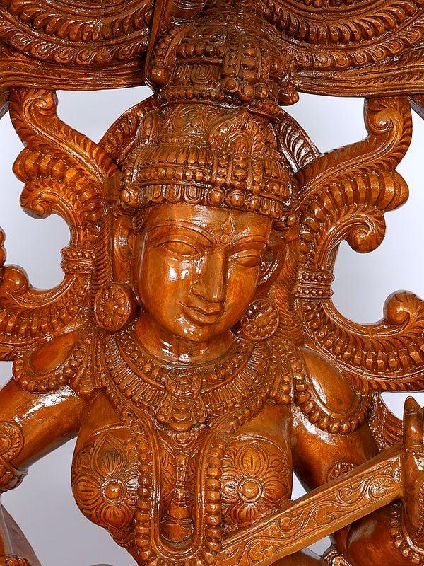 Exotic India 72" Dancing Goddess Saraswati With Kirtimukha Arch | Wood Carving 