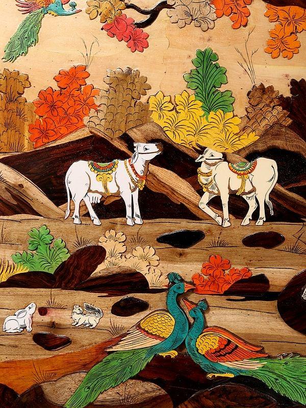 Exotic India 72" Divine Radha And Krishna | Natural Color On 3D Wood Painting With Inlay Work 