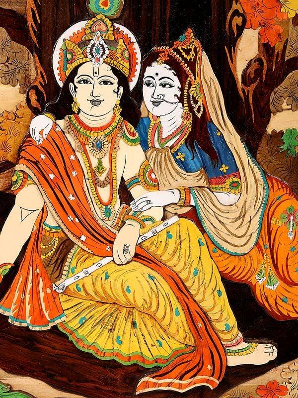 Exotic India 72" Divine Radha And Krishna | Natural Color On 3D Wood Painting With Inlay Work 