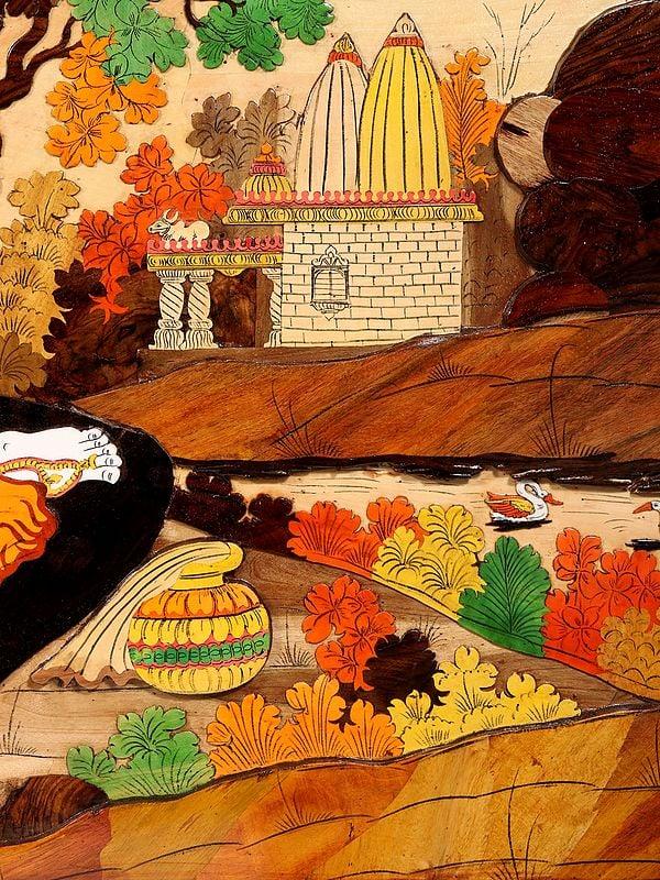 Exotic India 72" Divine Radha And Krishna | Natural Color On 3D Wood Painting With Inlay Work 