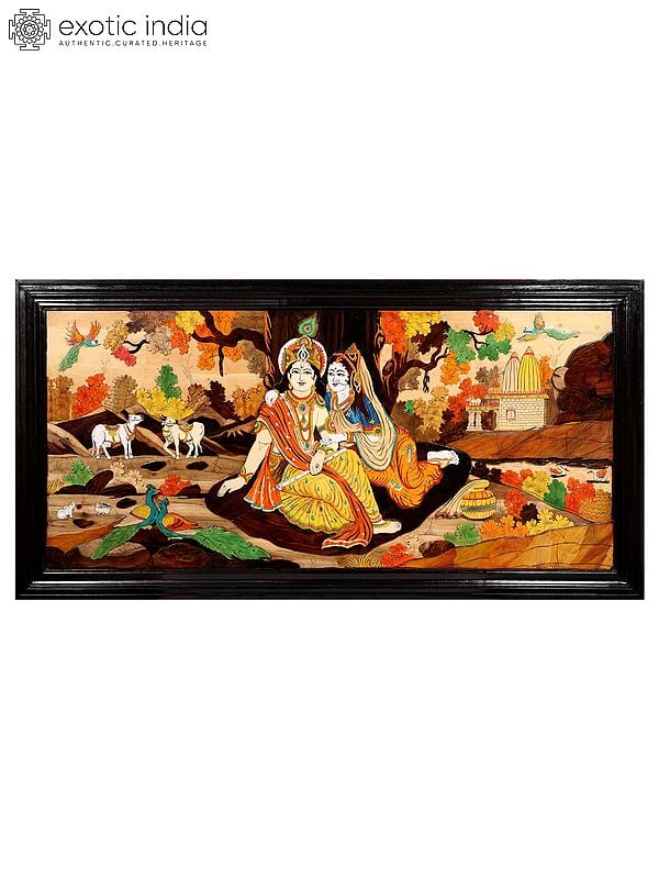 exotic india 72" Divine Radha And Krishna | Natural Color On 3D Wood Painting With Inlay Work 