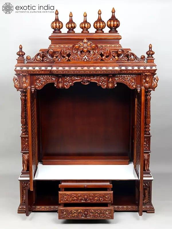 Exotic India 72" Huge Wood Carved Designer Puja Temple With Double Doors 