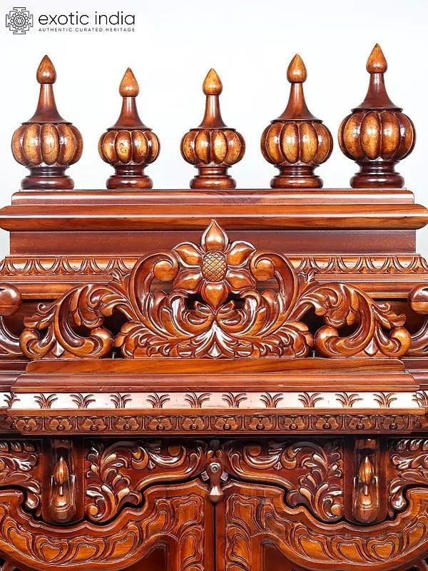 Exotic India 72" Huge Wood Carved Designer Puja Temple With Double Doors 