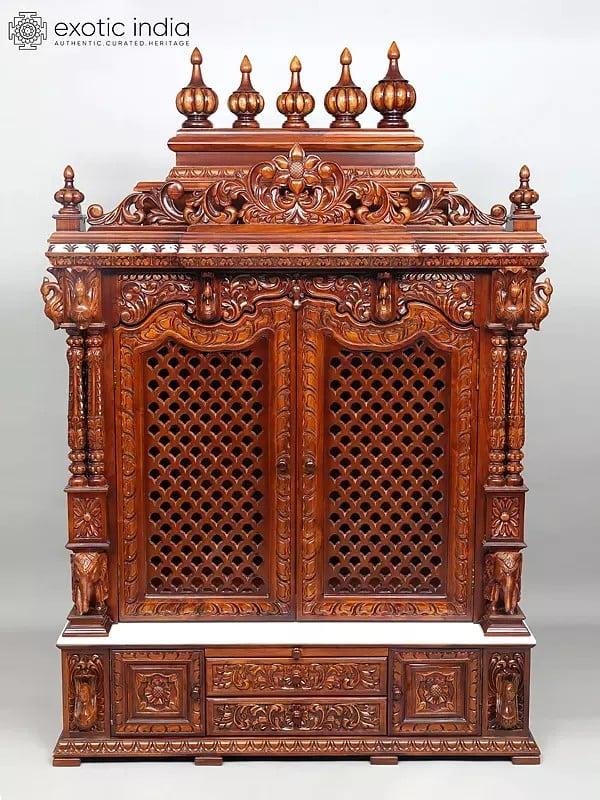 exotic india 72" Huge Wood Carved Designer Puja Temple with Double Doors