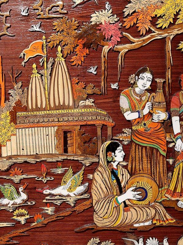 Exotic India 72" Large Fluting Radha Krishna With Gopis | 3D Wood Panel With Inlay Work 