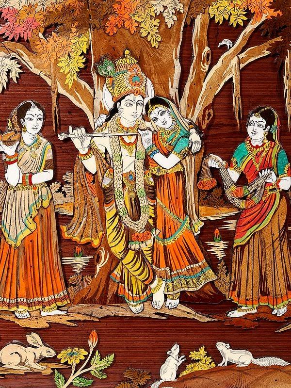 Exotic India 72" Large Fluting Radha Krishna With Gopis | 3D Wood Panel With Inlay Work 
