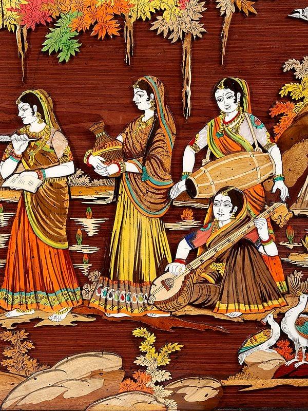 Exotic India 72" Large Fluting Radha Krishna With Gopis | 3D Wood Panel With Inlay Work 