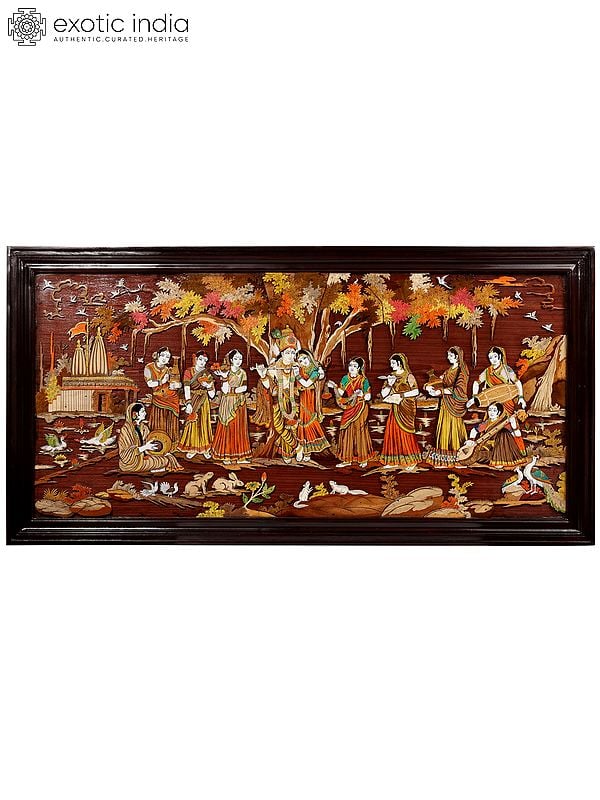 exotic india 72" Large Fluting Radha Krishna with Gopis | 3D Wood Panel with Inlay Work 