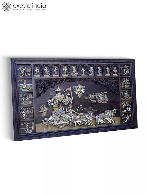 Exotic India 72" Large Geeta Upadesha With Dashavatara Of Lord Vishnu And Krishna Lila | 3D Wall Panel In Rosewood With Inlay Work 